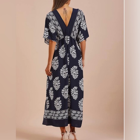 Kaftan Dress V Neck Swimsuit Cover Up Caftan Loungewear Beach Coverup Leaf Print - Picture 3 of 3
